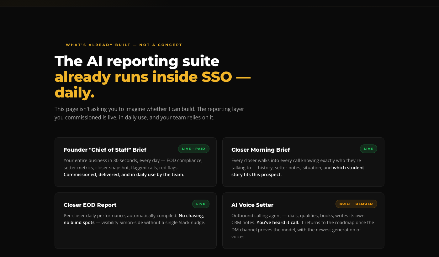 SSO AI reporting suite — Founder Brief, Morning Brief, EOD Report, AI Voice Setter